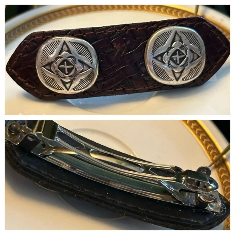 Vintage Brown Leather & Silver Metal Barrette